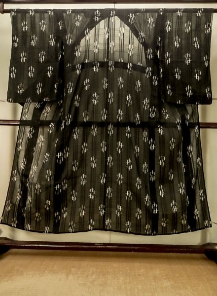 Photo1: P0801C Antique Japanese kimono Black HITOE unlined for women / Silk. Parallel Cross (Grade D) (1)