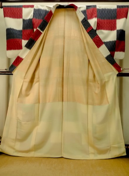 Photo2: P0801D Antique Japanese kimono Multi Color ORI woven for women / Silk. Plaid Checks (Grade B) (2)