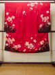 Photo1: P0818A Used Japanese kimono Dark Red Kimono for Girls for women / Synthetic. SAKURA cherry blossom (Grade C) (1)
