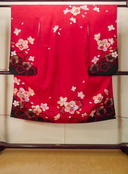 Photo1: P0818A Used Japanese kimono Dark Red Kimono for Girls for women / Synthetic. SAKURA cherry blossom (Grade C) (1)