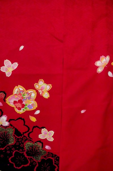 Photo3: P0818A Used Japanese kimono Dark Red Kimono for Girls for women / Synthetic. SAKURA cherry blossom (Grade C) (3)