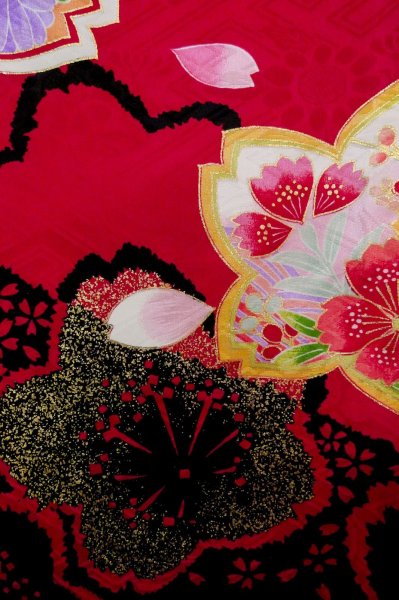 Photo7: P0818A Used Japanese kimono Dark Red Kimono for Girls for women / Synthetic. SAKURA cherry blossom (Grade C) (7)