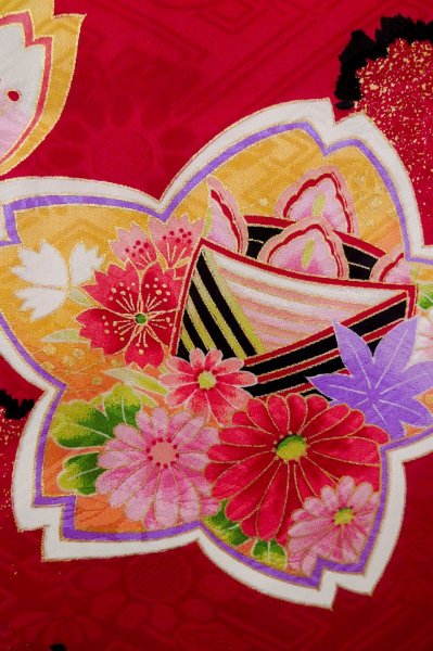 Photo8: P0818A Used Japanese kimono Dark Red Kimono for Girls for women / Synthetic. SAKURA cherry blossom (Grade C) (8)