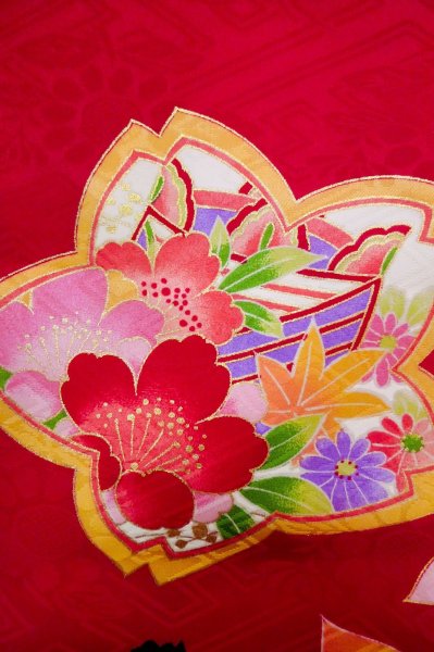 Photo10: P0818A Used Japanese kimono Dark Red Kimono for Girls for women / Synthetic. SAKURA cherry blossom (Grade C) (10)