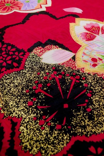 Photo12: P0818A Used Japanese kimono Dark Red Kimono for Girls for women / Synthetic. SAKURA cherry blossom (Grade C) (12)