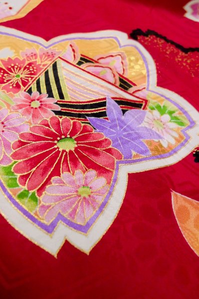 Photo13: P0818A Used Japanese kimono Dark Red Kimono for Girls for women / Synthetic. SAKURA cherry blossom (Grade C) (13)