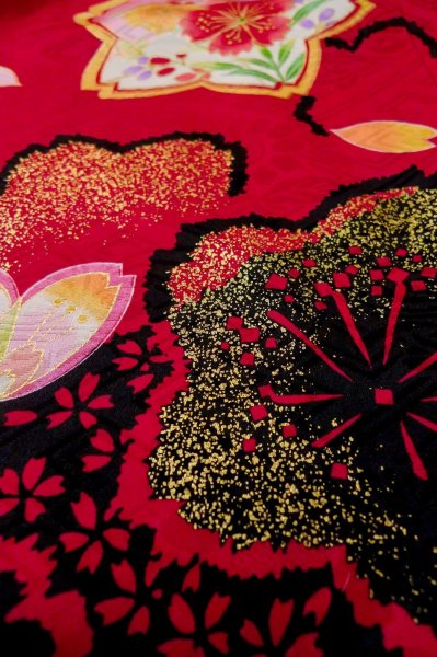 Photo14: P0818A Used Japanese kimono Dark Red Kimono for Girls for women / Synthetic. SAKURA cherry blossom (Grade C) (14)