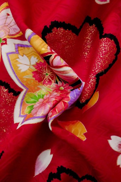 Photo16: P0818A Used Japanese kimono Dark Red Kimono for Girls for women / Synthetic. SAKURA cherry blossom (Grade C) (16)