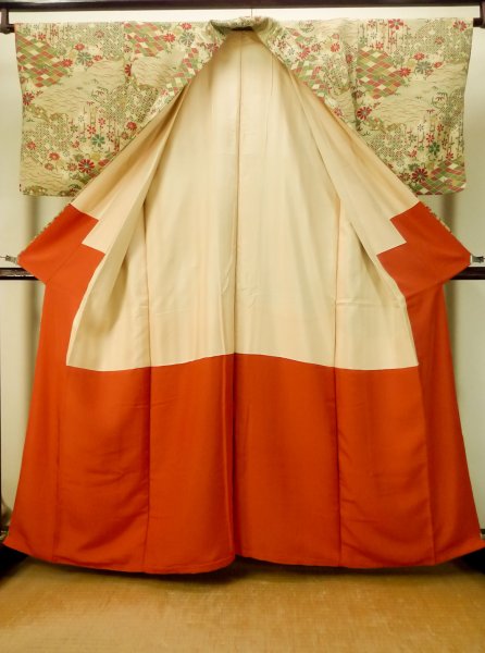 Photo2: Mint P0818F Vintage Japanese kimono Grayish Beige KOMON dyed for women / Silk. Flower (Grade A) (2)
