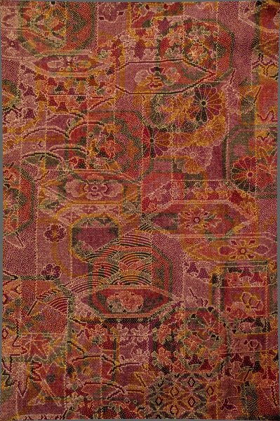 Photo3: Mint P0818H Vintage Japanese kimono Dark Dark Red TSUMUGI pongee for women / Silk. Chrysanthemum, Shell box pattern (Grade A) (3)