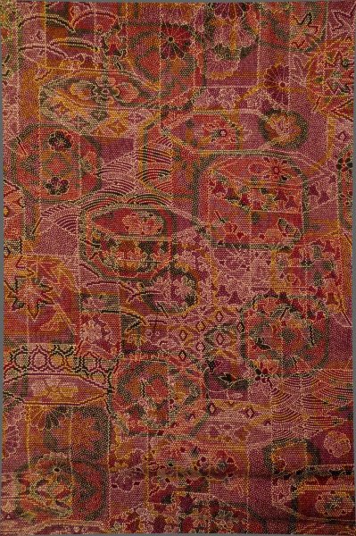 Photo4: Mint P0818H Vintage Japanese kimono Dark Dark Red TSUMUGI pongee for women / Silk. Chrysanthemum, Shell box pattern (Grade A) (4)