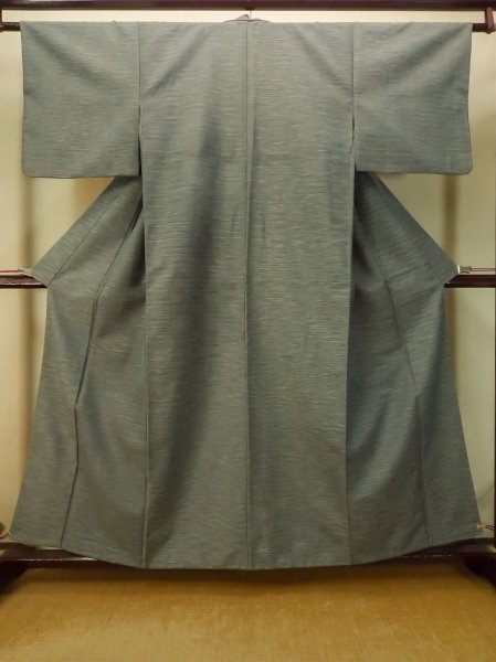 Photo1: P0916A Vintage Japanese kimono Grayish Light Blue ORI woven for women / Wool. Stripes (Grade C) (1)