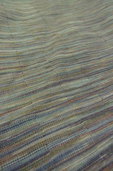 Photo10: P0916A Vintage Japanese kimono Grayish Light Blue ORI woven for women / Wool. Stripes (Grade C) (10)