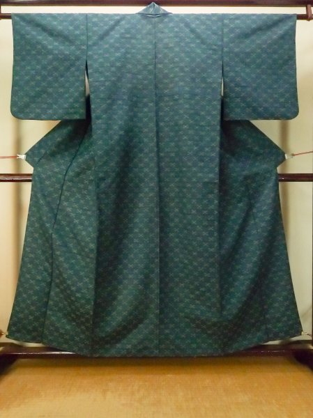 Photo1: P0916B Vintage Japanese kimono Dark Grayish Teal HITOE unlined for women / Wool. Stripes (Grade B) (1)
