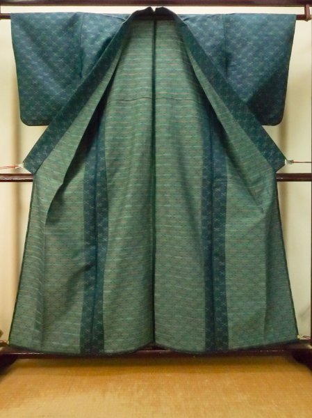 Photo2: P0916B Vintage Japanese kimono Dark Grayish Teal HITOE unlined for women / Wool. Stripes (Grade B) (2)