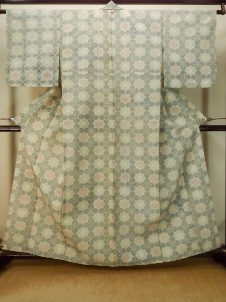 Photo1: P0916C Vintage Japanese kimono Grayish Light Blue HITOE unlined for women / Wool. Abstract pattern (Grade C) (1)