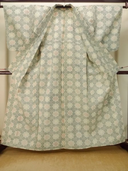 Photo2: P0916C Vintage Japanese kimono Grayish Light Blue HITOE unlined for women / Wool. Abstract pattern (Grade C) (2)