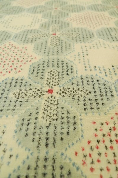 Photo8: P0916C Vintage Japanese kimono Grayish Light Blue HITOE unlined for women / Wool. Abstract pattern (Grade C) (8)