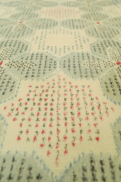 Photo9: P0916C Vintage Japanese kimono Grayish Light Blue HITOE unlined for women / Wool. Abstract pattern (Grade C) (9)