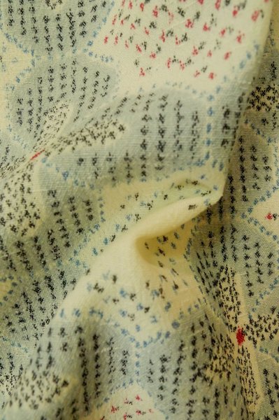 Photo12: P0916C Vintage Japanese kimono Grayish Light Blue HITOE unlined for women / Wool. Abstract pattern (Grade C) (12)