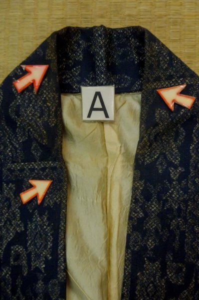 Photo14: P0916I Vintage Japanese kimono Dark Navy Blue HITOE unlined for women / Wool. Abstract pattern, There is an impression of use. (Grade C) (14)
