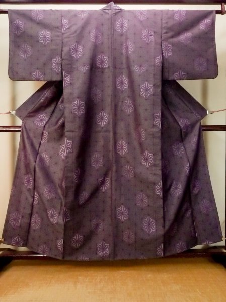 Photo1: Mint P0916L Vintage Japanese kimono Dark Grayish Purple HITOE unlined for women / Wool. Hemp leaf (Grade A) (1)