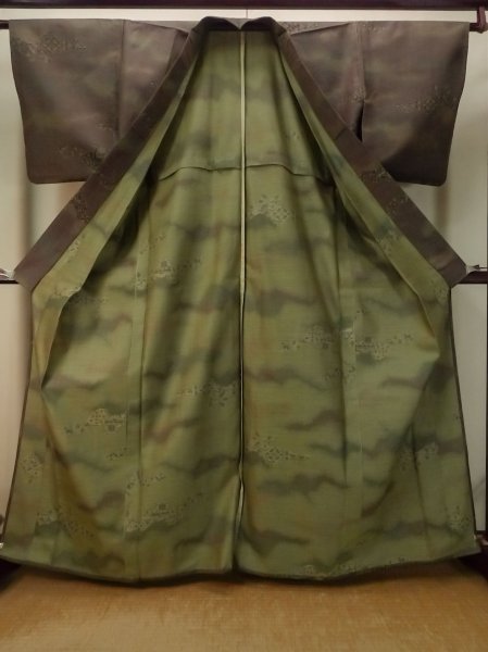 Photo2: P0916P Vintage Japanese kimono Brown HITOE unlined for women / Wool. Abstract pattern (Grade B) (2)
