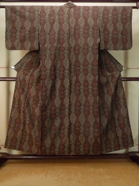 Photo1: Mint P0916Q Vintage Japanese kimono Brown HITOE unlined for women / Wool. Abstract pattern (Grade A) (1)