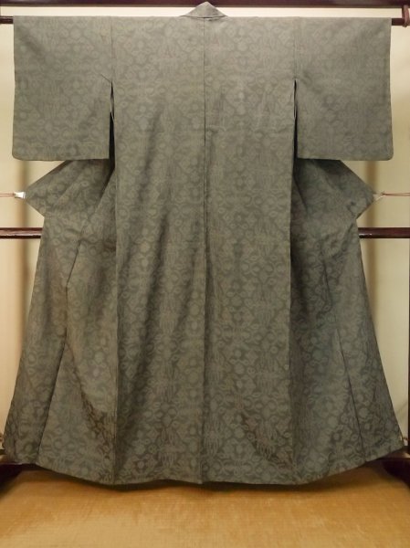 Photo1: P0916T Vintage Japanese kimono Gray HITOE unlined for women / Wool. Abstract pattern, There is an impression of use. (Grade C) (1)
