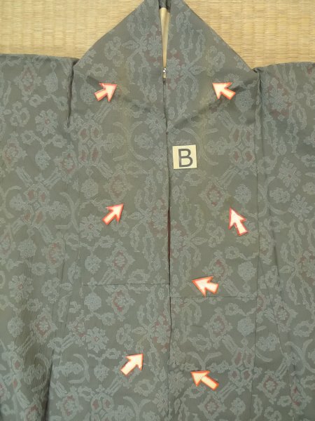 Photo16: P0916T Vintage Japanese kimono Gray HITOE unlined for women / Wool. Abstract pattern, There is an impression of use. (Grade C) (16)