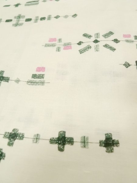 Photo8: P0917B Vintage Japanese kimono White YUKATA summer(made in Japan) for women / Linen. Geometrical pattern (Grade B) (8)