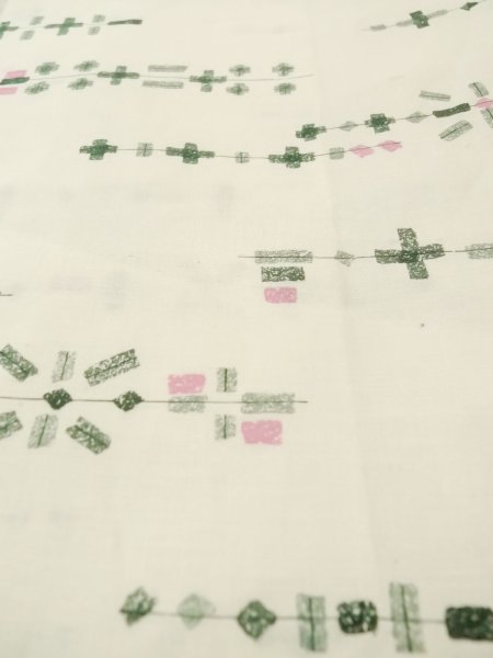 Photo9: P0917B Vintage Japanese kimono White YUKATA summer(made in Japan) for women / Linen. Geometrical pattern (Grade B) (9)