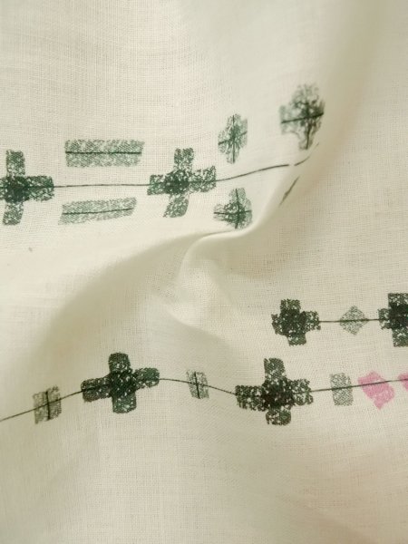 Photo12: P0917B Vintage Japanese kimono White YUKATA summer(made in Japan) for women / Linen. Geometrical pattern (Grade B) (12)