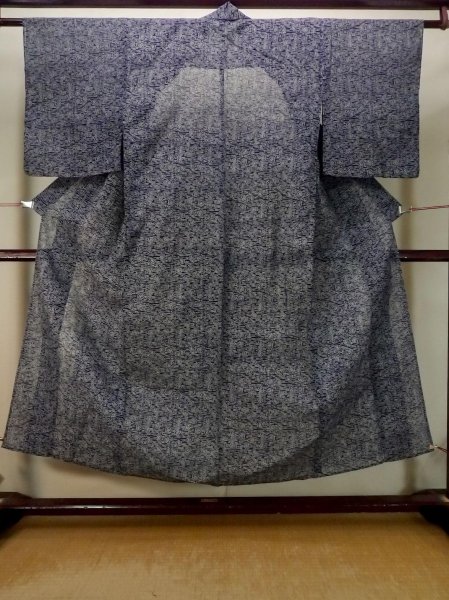 Photo1: P0917C Vintage Japanese kimono Dark Navy Blue HITOE unlined for women / Linen. Flower (Grade B) (1)