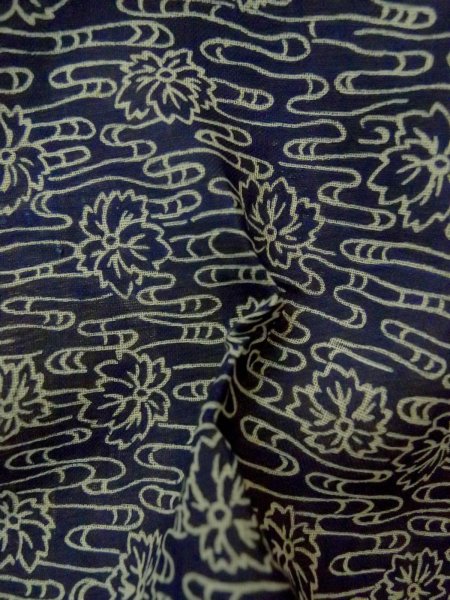 Photo12: P0917C Vintage Japanese kimono Dark Navy Blue HITOE unlined for women / Linen. Flower (Grade B) (12)