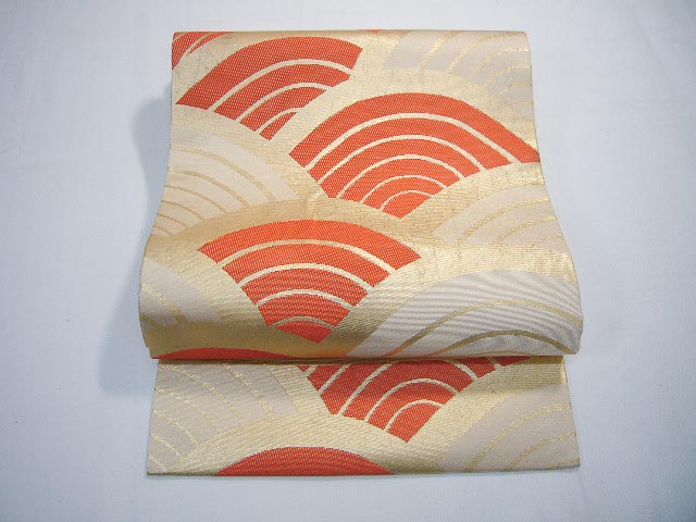 D227P Vintage Japanese Kimono Light Vermilion NAGOYA OBI sash Wave Silk ...