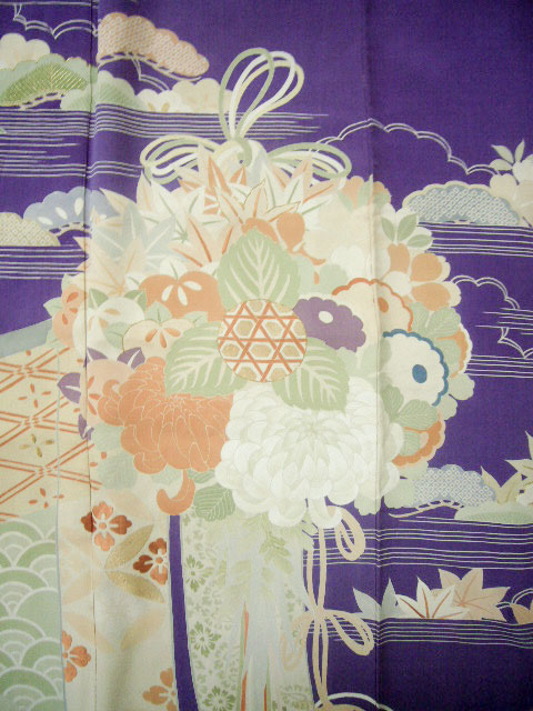 F0530A Vintage Japanese Kimono Dark Wisteria FURISODE long-sleeved 