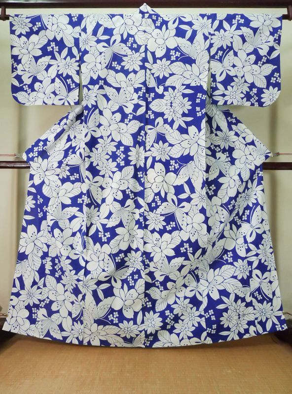 K0526X Used Japanese Blue YUKATA summer(made in Japan) / Cotton. Flower ...