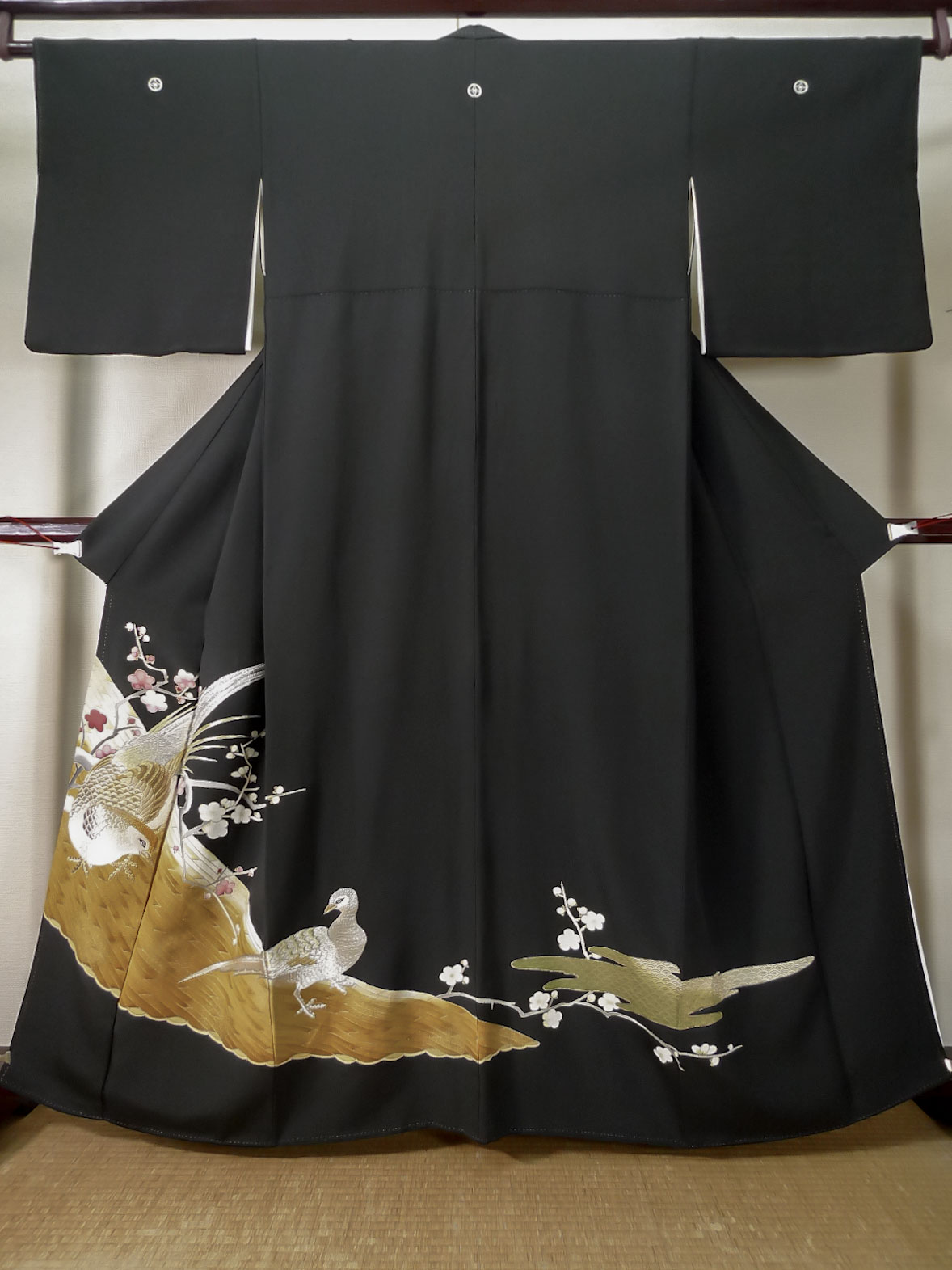 L0204I Used Japanese women Black TOMESODE formal / Silk. UME plum bloom ...